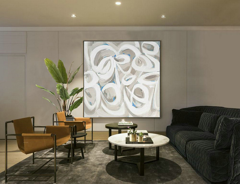 Hand Painted Extra Large Abstract Painting,Oversized Palette Knife Painting Contemporary Art On Canvas,Size Extra Large Abstract Art,White,Grey,Sky Blue.etc